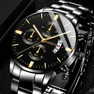 Stylish Men's Luxury Calendar Quartz Watch: Black Stainless Steel, Perfect for Business, and Masculine Elegance